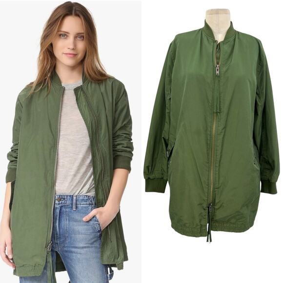 Vince Oversize Parka Bomber Jacket Coat Long Zip Lightweight‎ Green Size XS - Picture 1 of 12